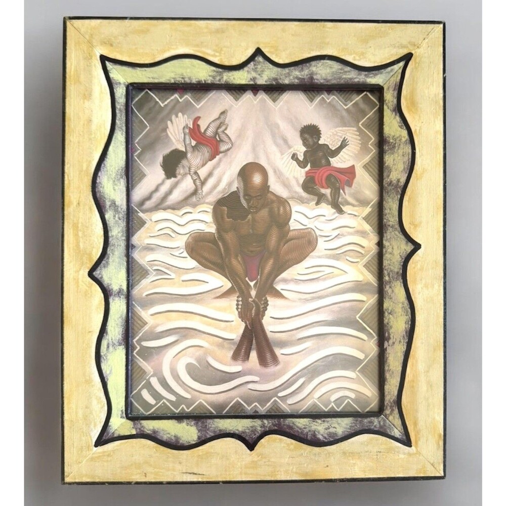 Vintage Afrocentric Jesus Art Print Black Angels Cherubs Painted Frame Prop Use